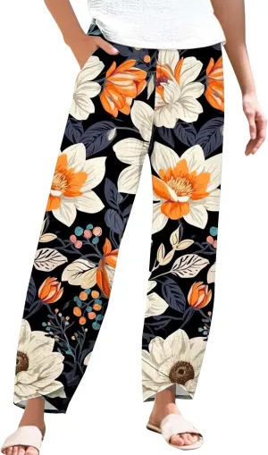 Womens Cotton Linen Printed Pants Wide Leg Comfy Retro Trousers High Waisted Straight Pant for Outdoor Hiking Commute