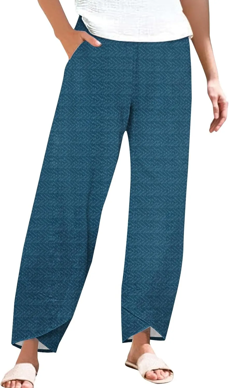 Womens Cotton Linen Printed Pants Wide Leg Comfy Retro Trousers High Waisted Straight Pant for Outdoor Hiking Commute