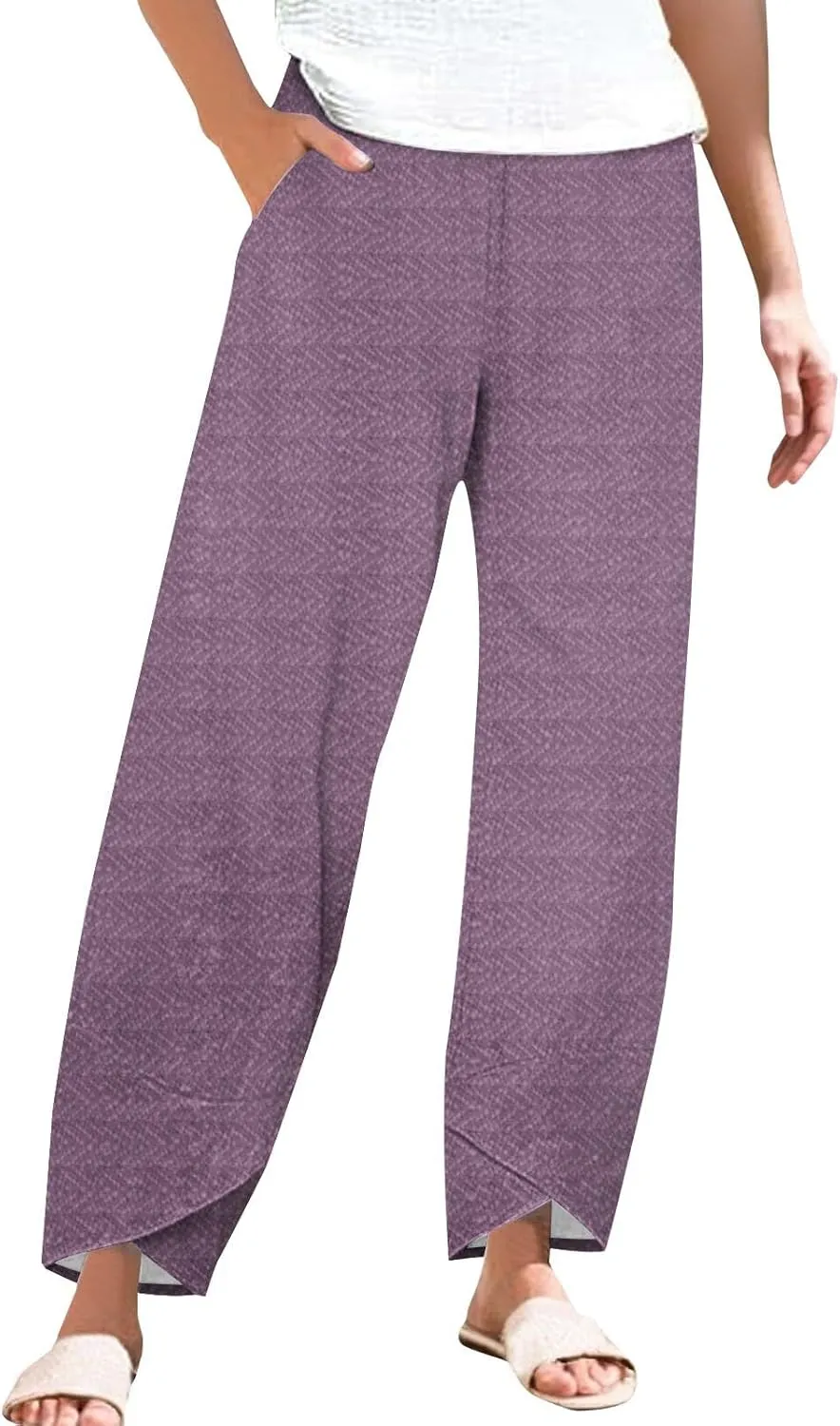 Womens Cotton Linen Printed Pants Wide Leg Comfy Retro Trousers High Waisted Straight Pant for Outdoor Hiking Commute