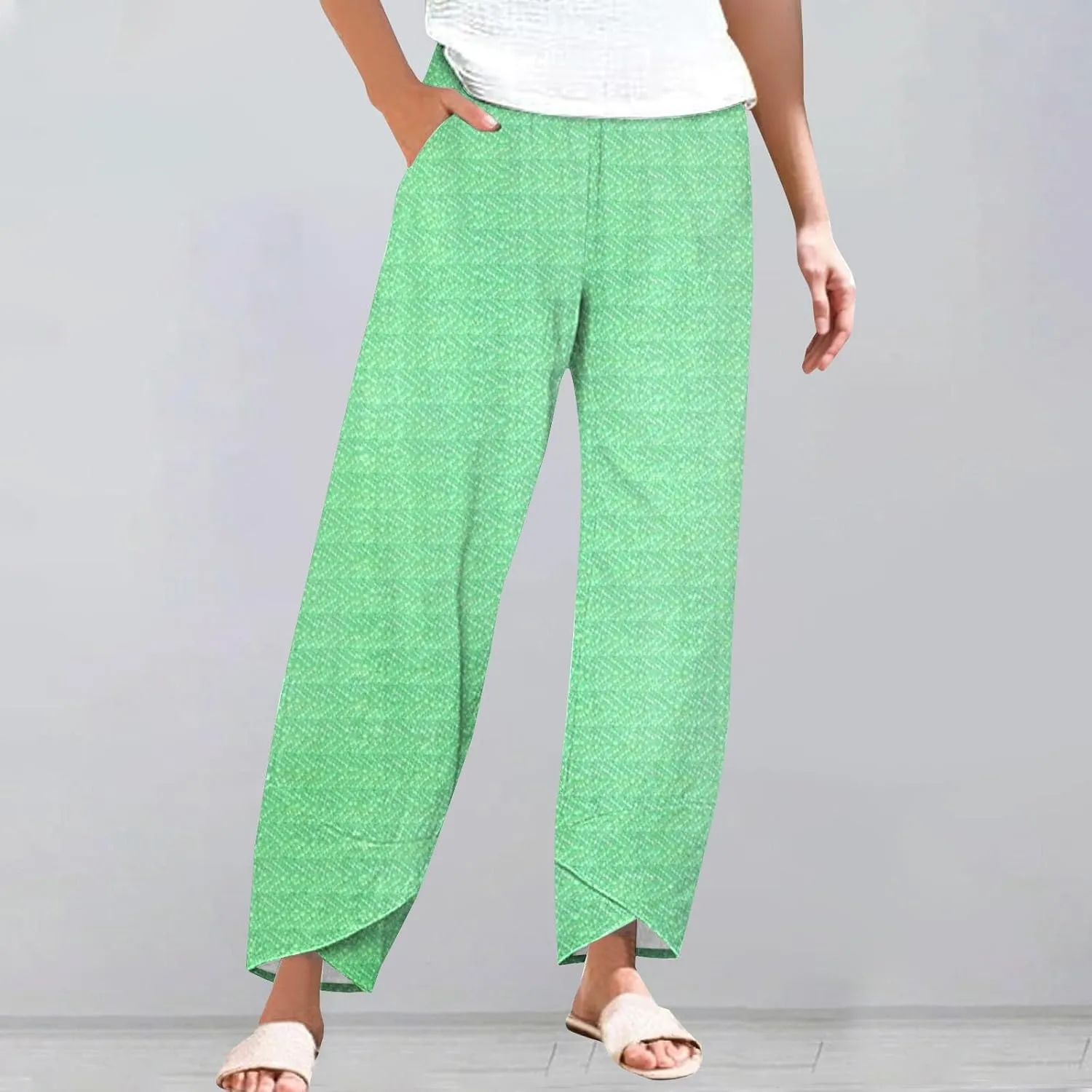 Womens Cotton Linen Printed Pants Wide Leg Comfy Retro Trousers High Waisted Straight Pant for Outdoor Hiking Commute