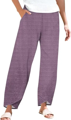 Womens Cotton Linen Printed Pants Wide Leg Comfy Retro Trousers High Waisted Straight Pant for Outdoor Hiking Commute