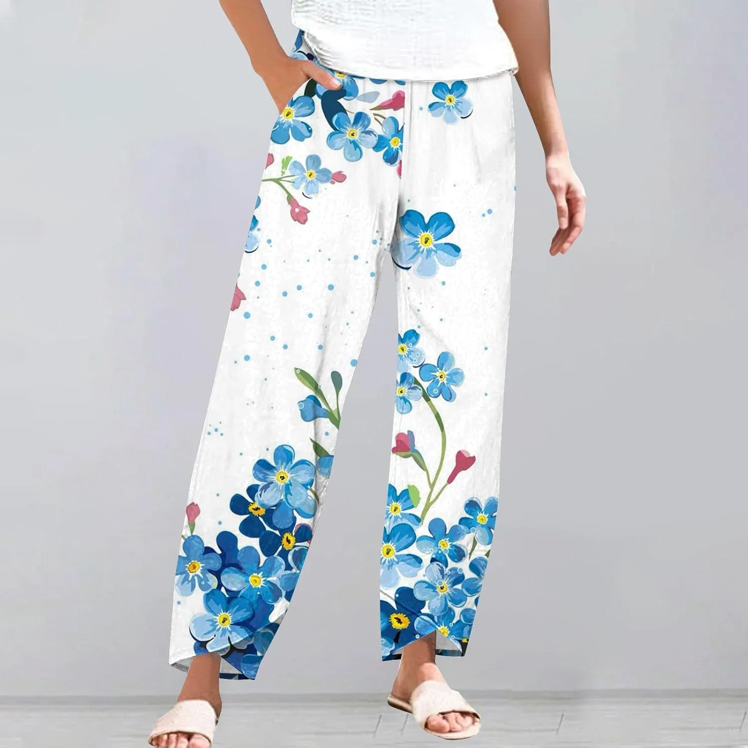 Womens Cotton Linen Printed Pants Wide Leg Comfy Retro Trousers High Waisted Straight Pant for Outdoor Hiking Commute