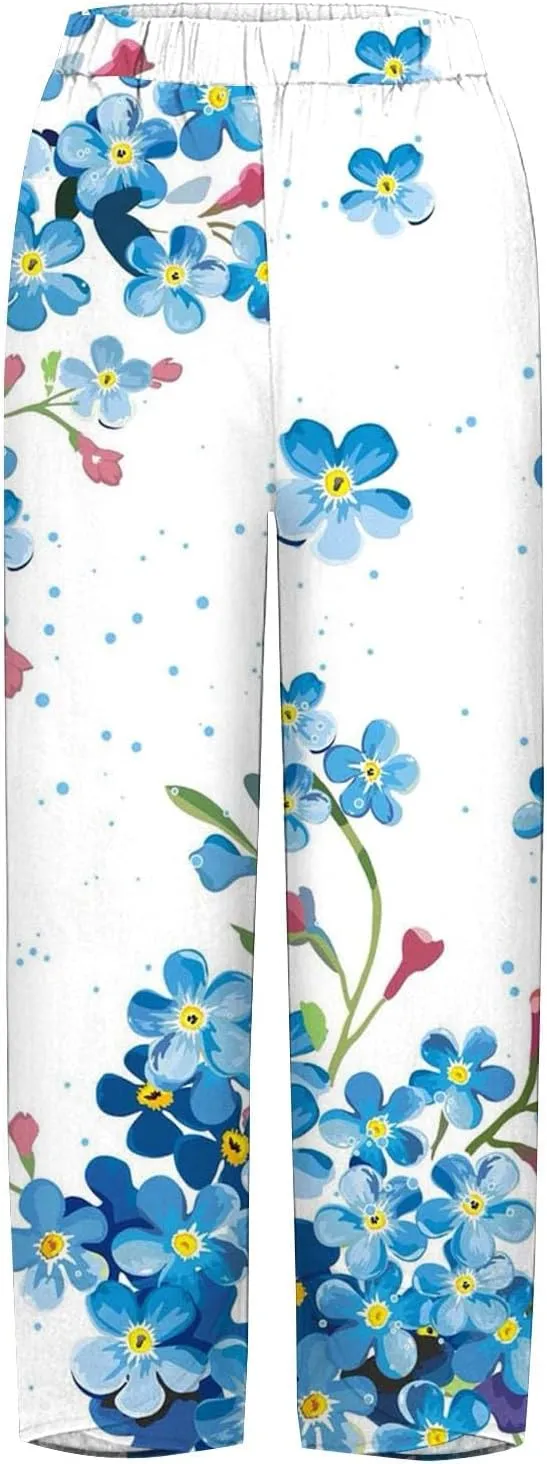 Womens Cotton Linen Printed Pants Wide Leg Comfy Retro Trousers High Waisted Straight Pant for Outdoor Hiking Commute