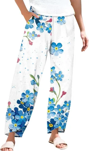 Womens Cotton Linen Printed Pants Wide Leg Comfy Retro Trousers High Waisted Straight Pant for Outdoor Hiking Commute