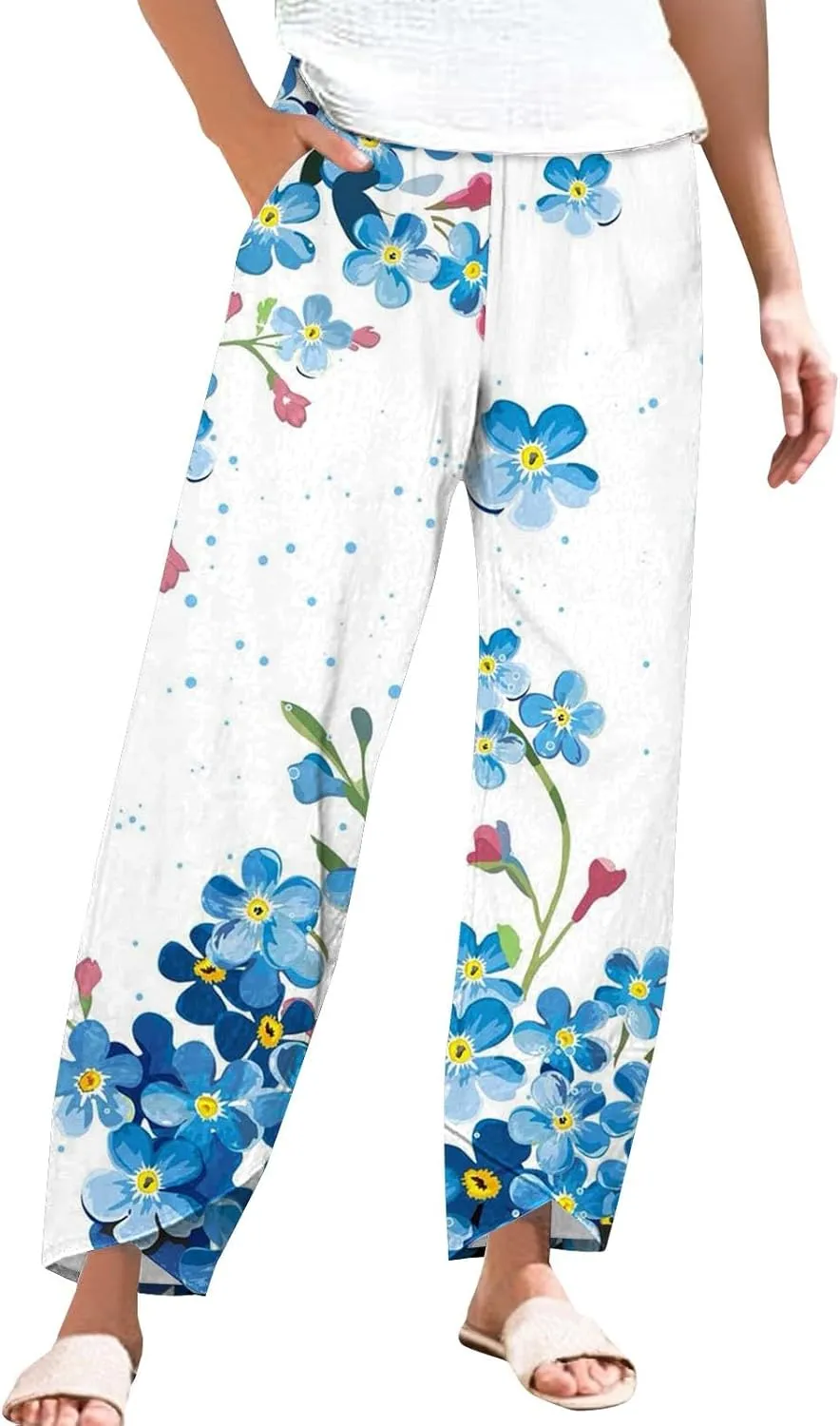 Womens Cotton Linen Printed Pants Wide Leg Comfy Retro Trousers High Waisted Straight Pant for Outdoor Hiking Commute