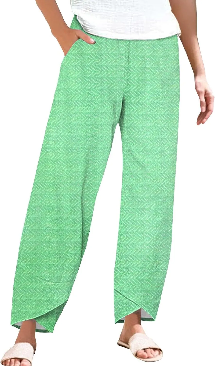 Womens Cotton Linen Printed Pants Wide Leg Comfy Retro Trousers High Waisted Straight Pant for Outdoor Hiking Commute