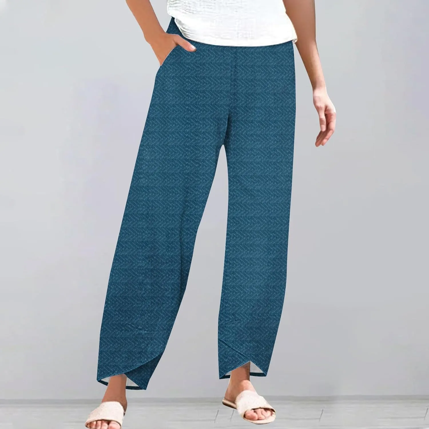Womens Cotton Linen Printed Pants Wide Leg Comfy Retro Trousers High Waisted Straight Pant for Outdoor Hiking Commute