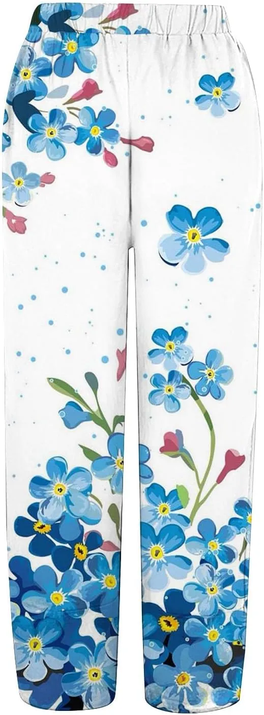 Womens Cotton Linen Printed Pants Wide Leg Comfy Retro Trousers High Waisted Straight Pant for Outdoor Hiking Commute