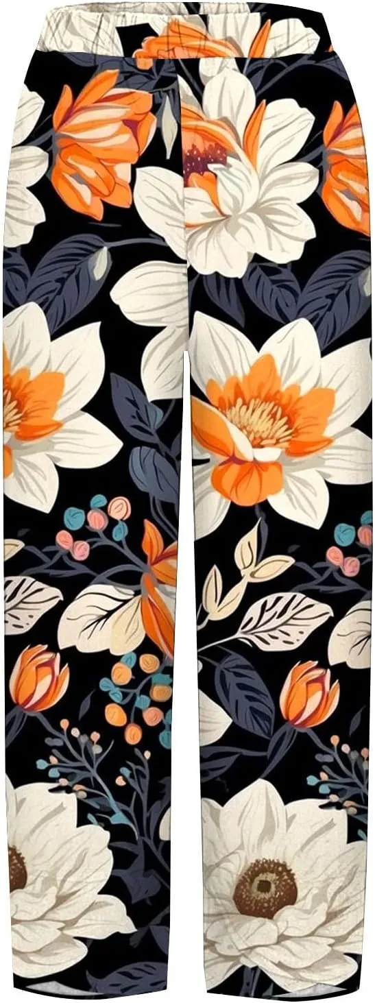 Womens Cotton Linen Printed Pants Wide Leg Comfy Retro Trousers High Waisted Straight Pant for Outdoor Hiking Commute