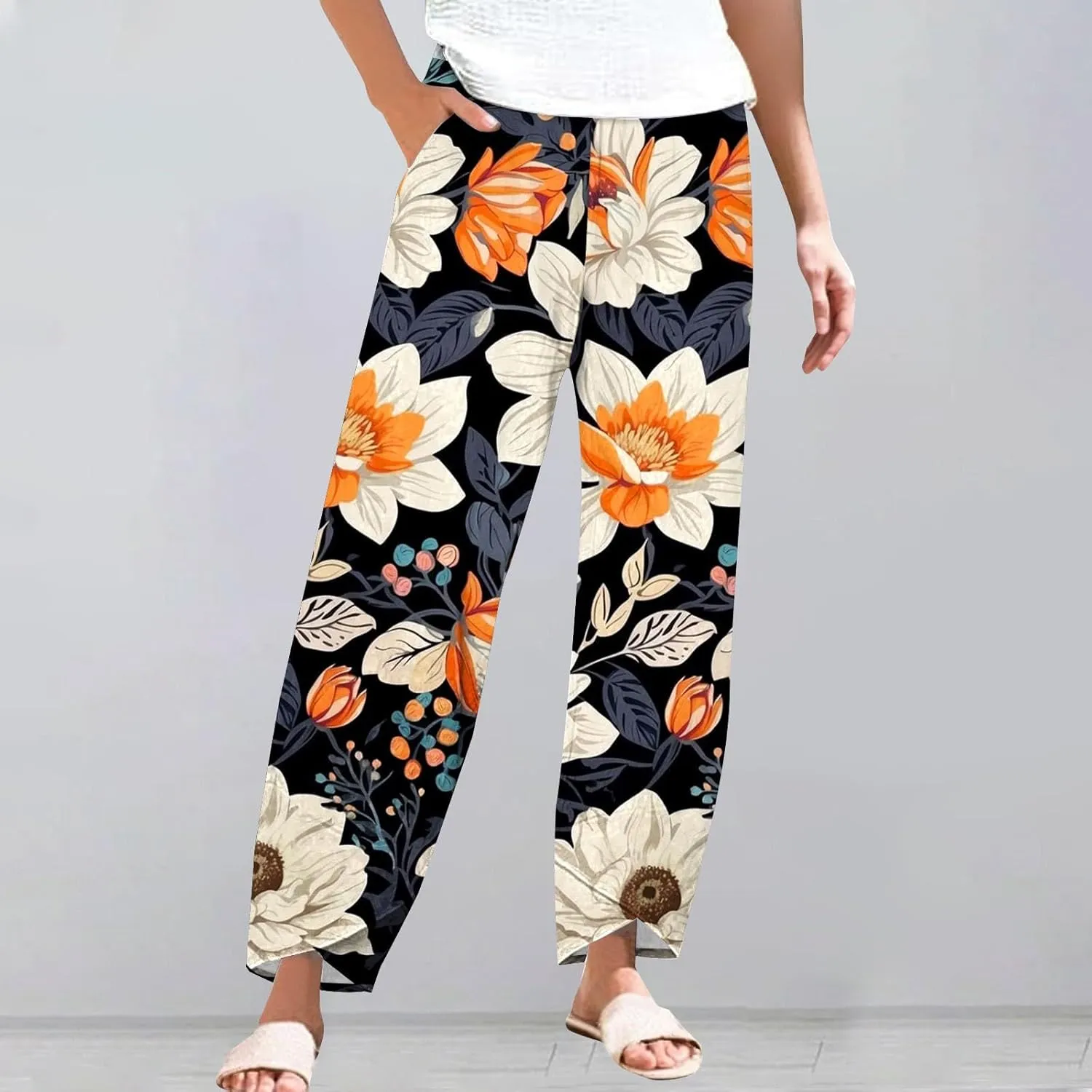 Womens Cotton Linen Printed Pants Wide Leg Comfy Retro Trousers High Waisted Straight Pant for Outdoor Hiking Commute
