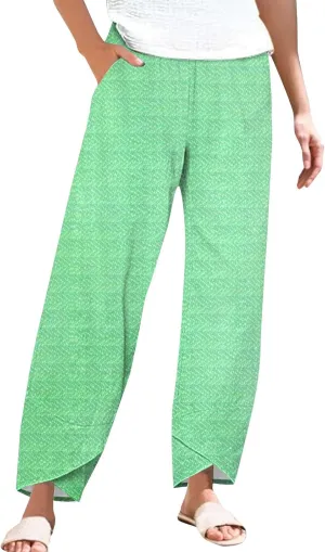 Womens Cotton Linen Printed Pants Wide Leg Comfy Retro Trousers High Waisted Straight Pant for Outdoor Hiking Commute