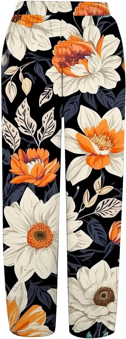 Womens Cotton Linen Printed Pants Wide Leg Comfy Retro Trousers High Waisted Straight Pant for Outdoor Hiking Commute