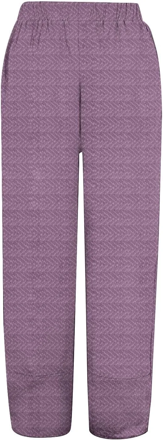 Womens Cotton Linen Printed Pants Wide Leg Comfy Retro Trousers High Waisted Straight Pant for Outdoor Hiking Commute