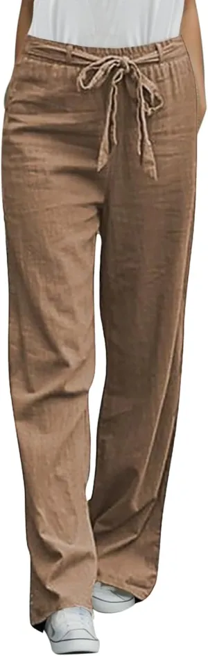 Women's Cotton Linen Summer Loose Palazzo Pants High Waist Baggy Stretchy Plus Size Palazzo Pants Beach