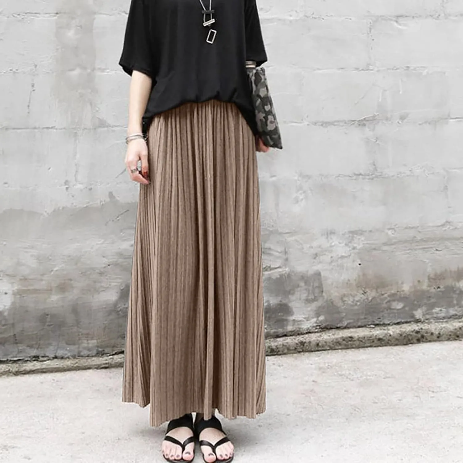 Women's Cotton Pleated Skirt Organ Skirt Large Hemline Long Skirt Retro High Waist Casual Sports Style Knit Midi