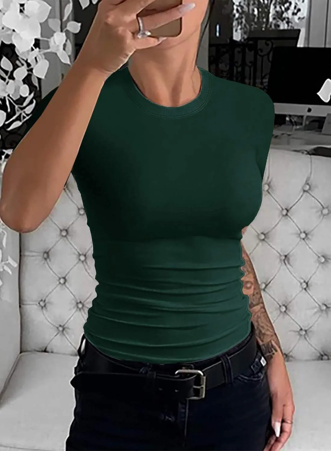 Womens Crewneck Short Sleeve Ribbed T-Shirt Slim Fit Tops Solid Basic Tee