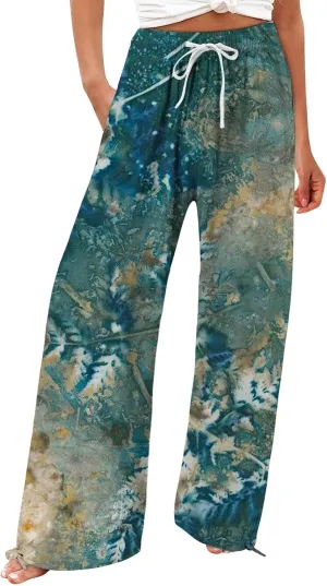 Womens Cropped Pants Boho Wide Leg High Waisted Palazzo Pockets Pants Summer Retro Flowy Beach Lounge Casual Trousers