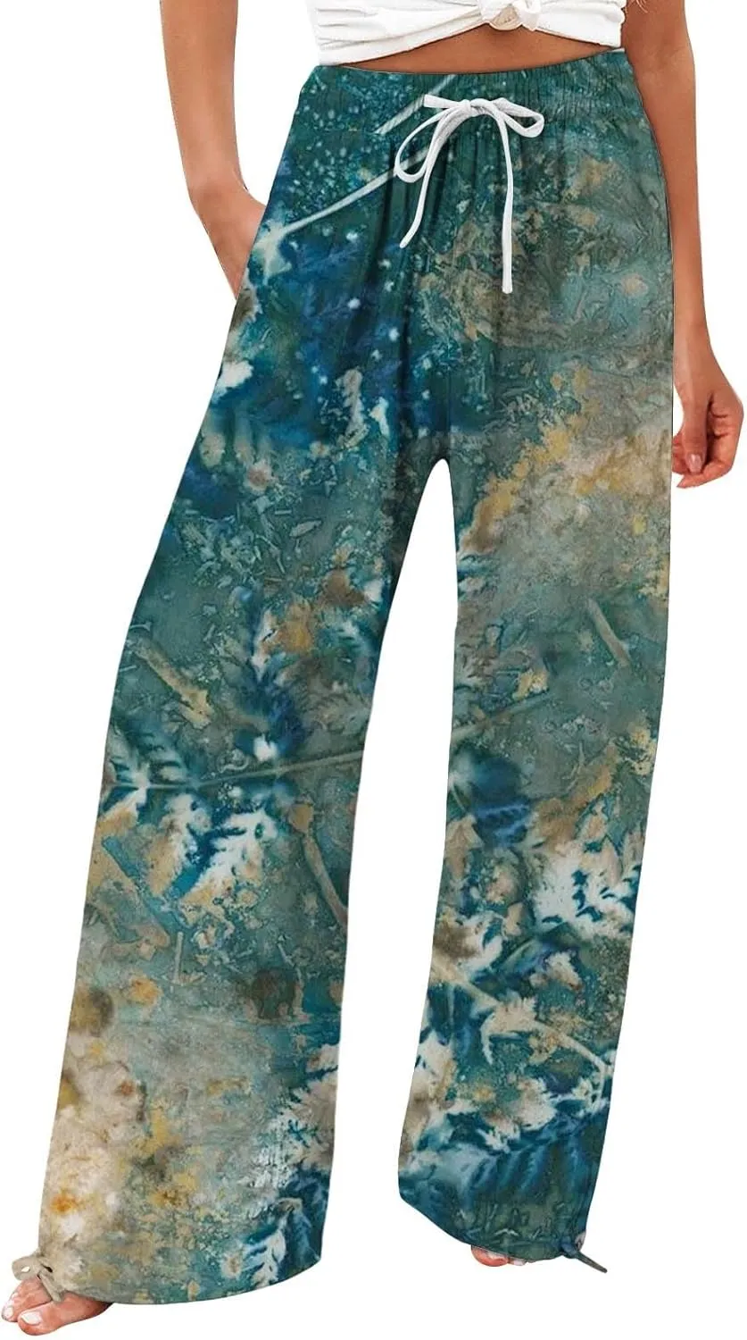 Womens Cropped Pants Boho Wide Leg High Waisted Palazzo Pockets Pants Summer Retro Flowy Beach Lounge Casual Trousers