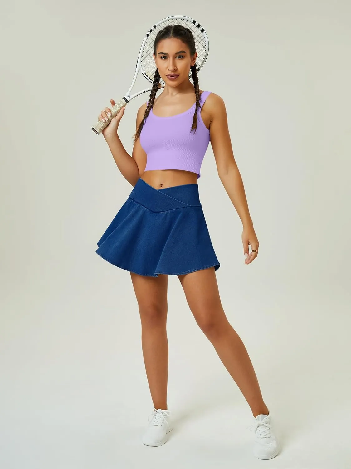 Womens Crossover Pleated Tennis Flowy Skirt Knit Denim 2 in 1 Spandex Athletic Butterfly Workout Skorts with Pocket