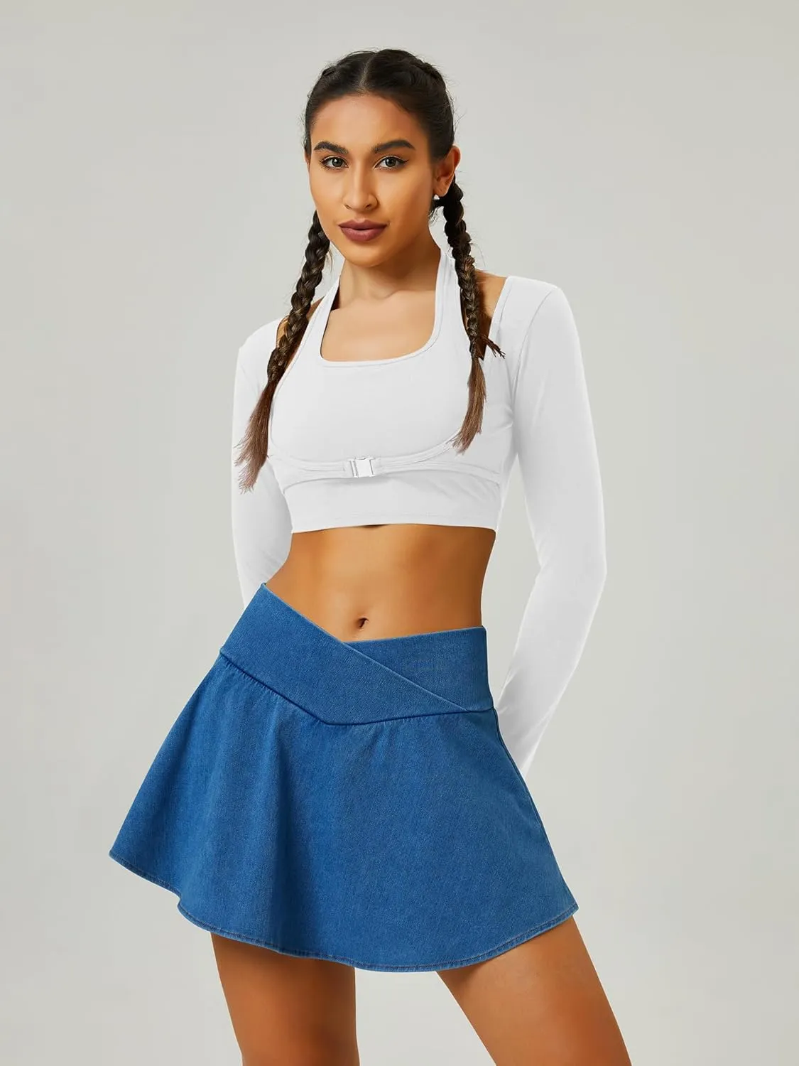 Womens Crossover Pleated Tennis Flowy Skirt Knit Denim 2 in 1 Spandex Athletic Butterfly Workout Skorts with Pocket