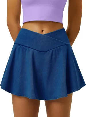 Womens Crossover Pleated Tennis Flowy Skirt Knit Denim 2 in 1 Spandex Athletic Butterfly Workout Skorts with Pocket