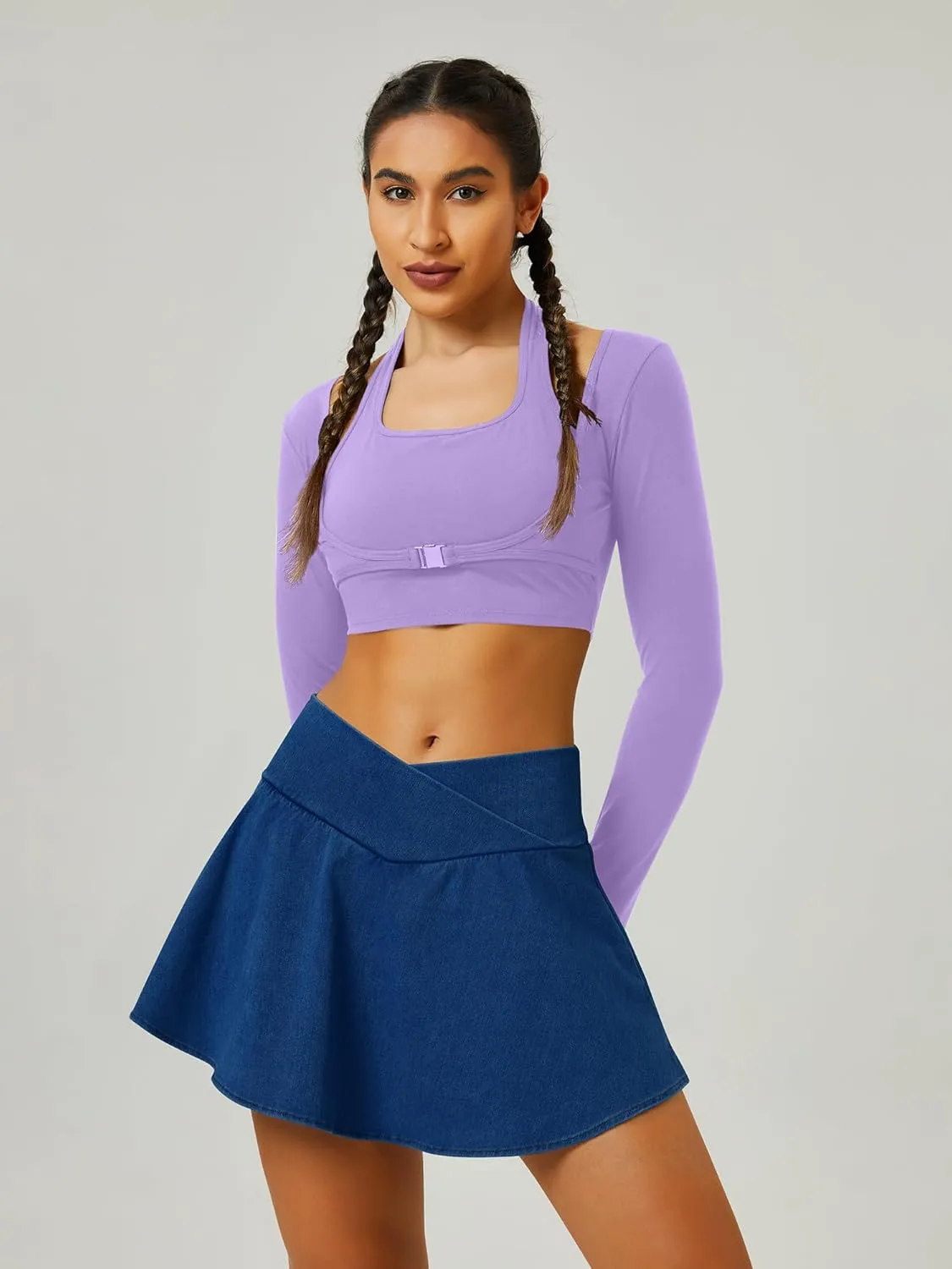 Womens Crossover Pleated Tennis Flowy Skirt Knit Denim 2 in 1 Spandex Athletic Butterfly Workout Skorts with Pocket
