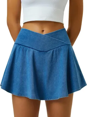 Womens Crossover Pleated Tennis Flowy Skirt Knit Denim 2 in 1 Spandex Athletic Butterfly Workout Skorts with Pocket