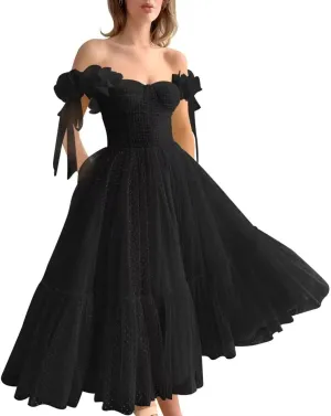 Women's Dotted Tulle Prom Dress Off Shoulder Midi Formal Dresses Sweetheart A Line Puffy Evening Party Gowns