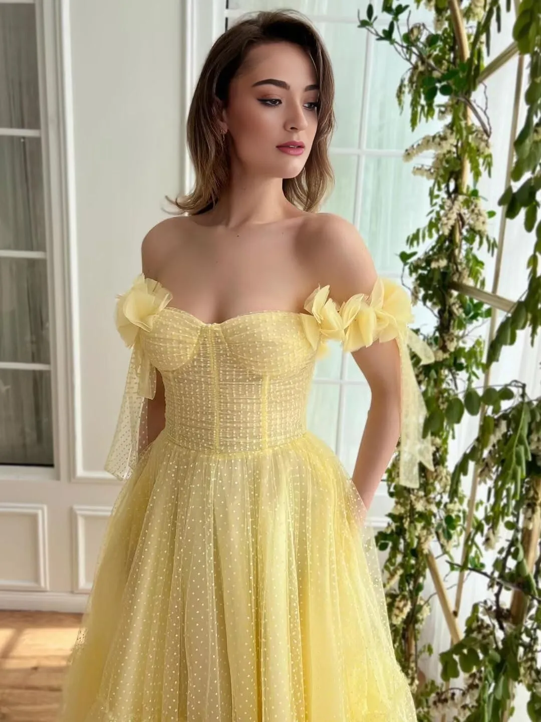 Women's Dotted Tulle Prom Dress Off Shoulder Midi Formal Dresses Sweetheart A Line Puffy Evening Party Gowns