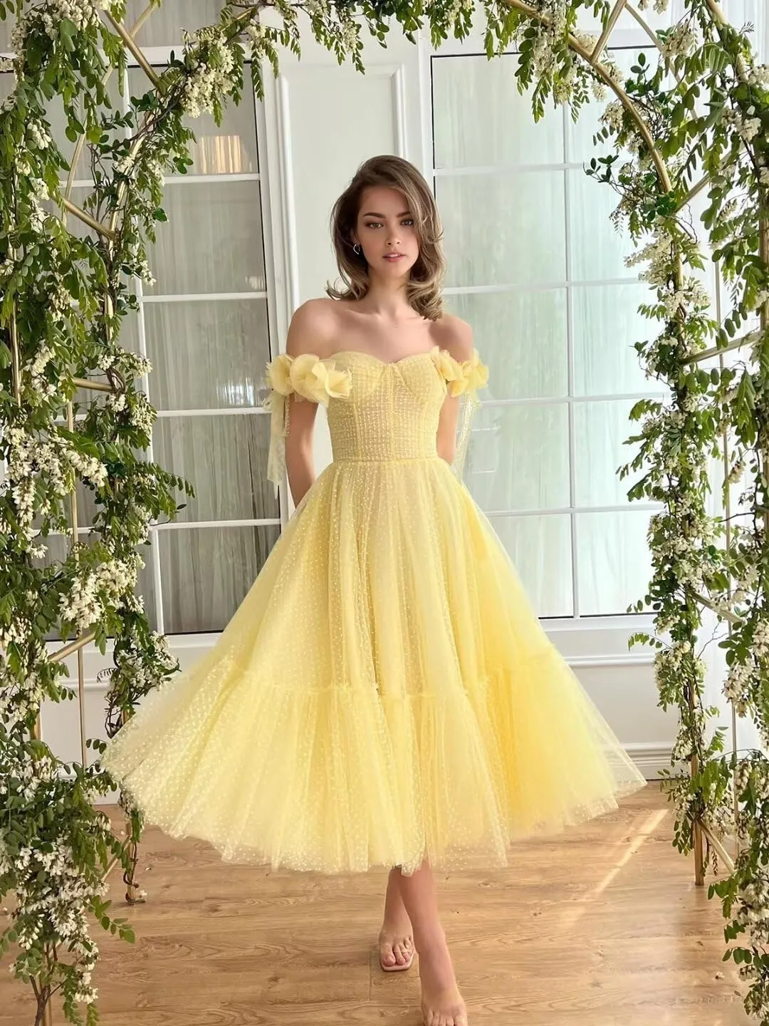 Women's Dotted Tulle Prom Dress Off Shoulder Midi Formal Dresses Sweetheart A Line Puffy Evening Party Gowns