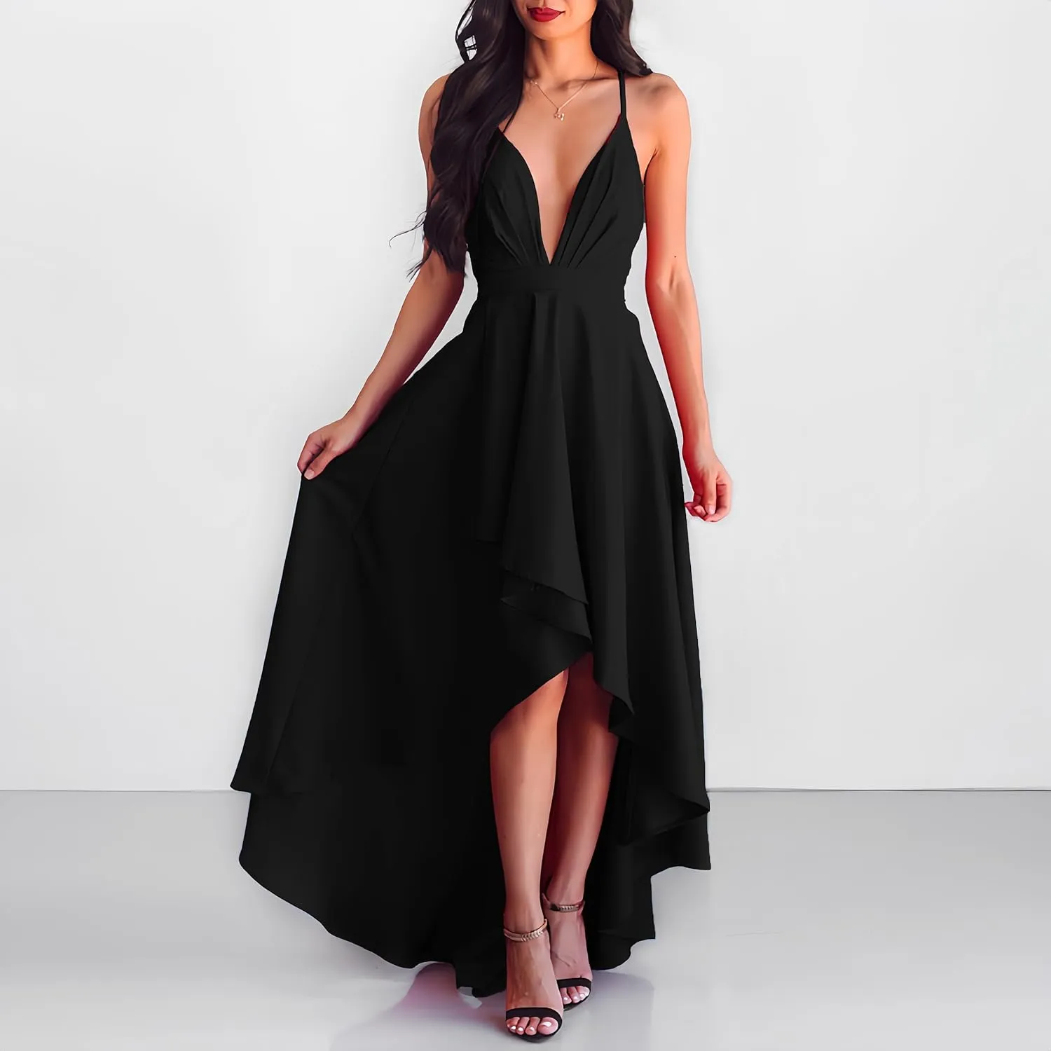 Womens Evening Gowns Deep V-Neck Party Dresses Sleeveless A-line High-Low Formal Cocktail Long Evening Dress