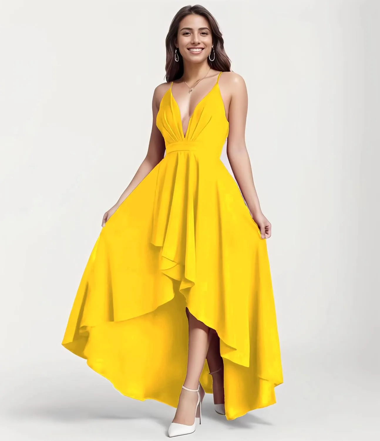 Womens Evening Gowns Deep V-Neck Party Dresses Sleeveless A-line High-Low Formal Cocktail Long Evening Dress