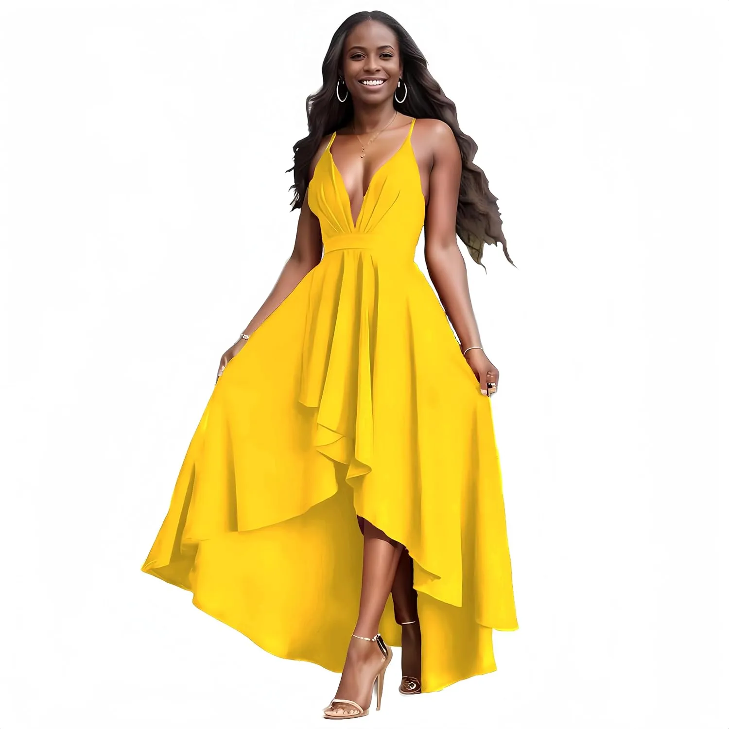 Womens Evening Gowns Deep V-Neck Party Dresses Sleeveless A-line High-Low Formal Cocktail Long Evening Dress
