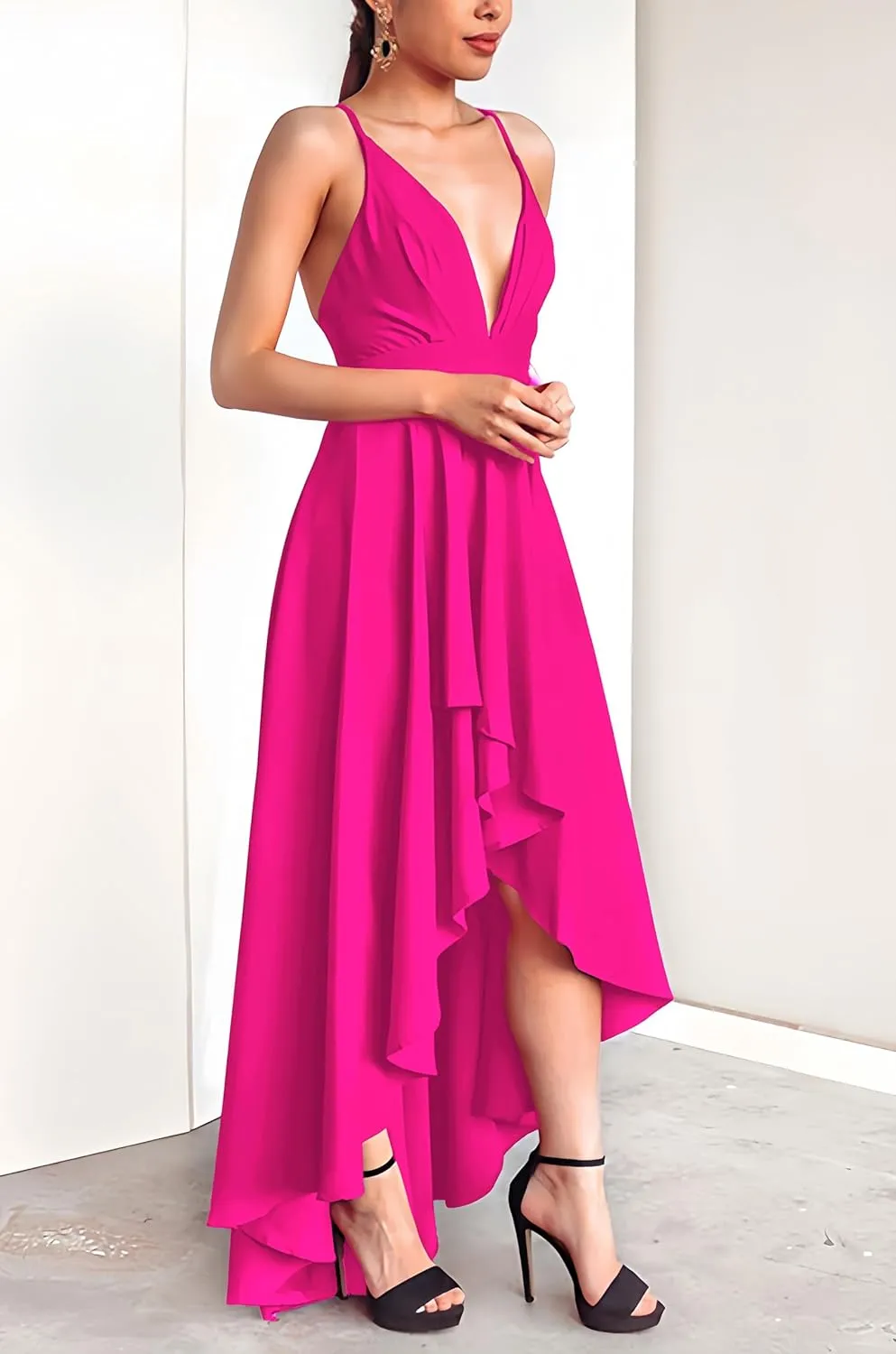 Womens Evening Gowns Deep V-Neck Party Dresses Sleeveless A-line High-Low Formal Cocktail Long Evening Dress