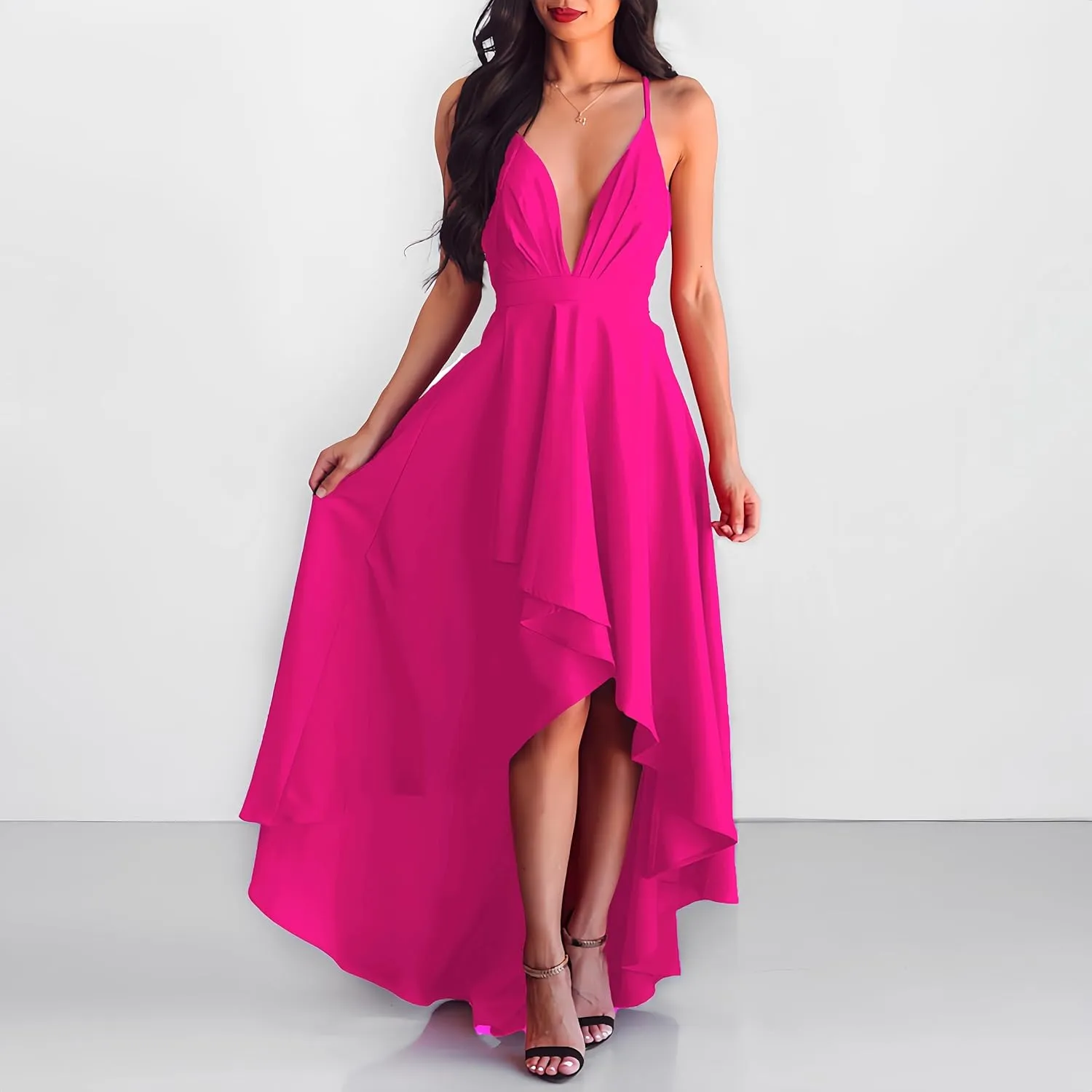 Womens Evening Gowns Deep V-Neck Party Dresses Sleeveless A-line High-Low Formal Cocktail Long Evening Dress