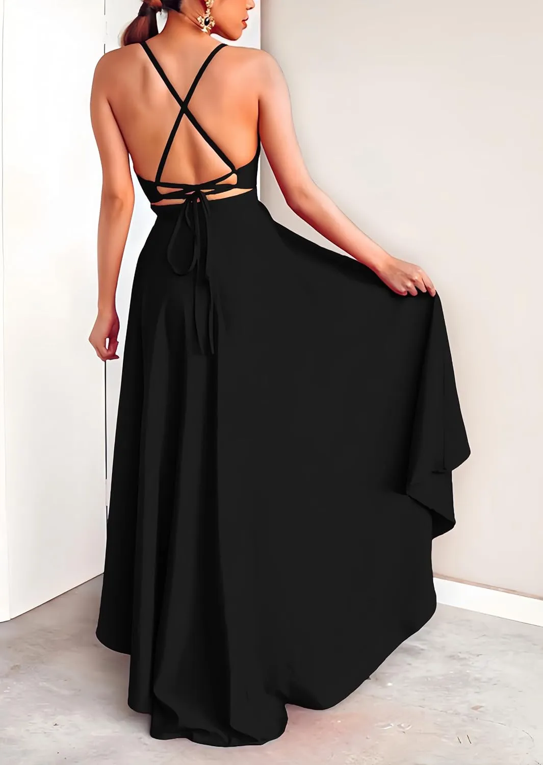 Womens Evening Gowns Deep V-Neck Party Dresses Sleeveless A-line High-Low Formal Cocktail Long Evening Dress