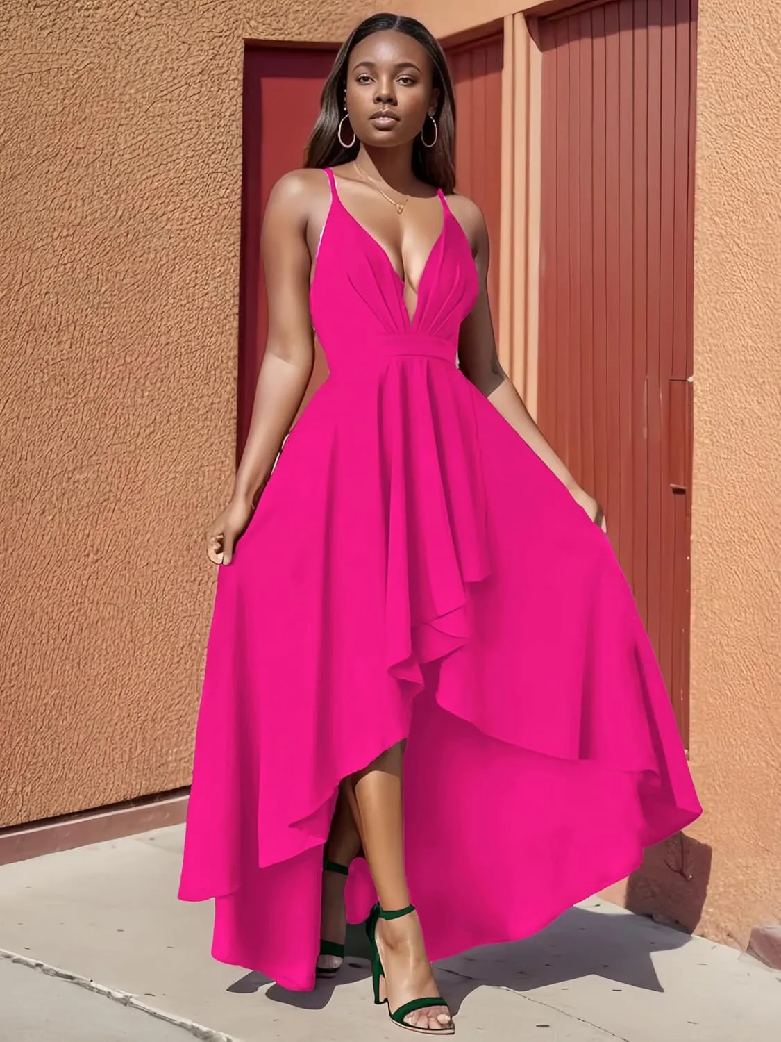 Womens Evening Gowns Deep V-Neck Party Dresses Sleeveless A-line High-Low Formal Cocktail Long Evening Dress