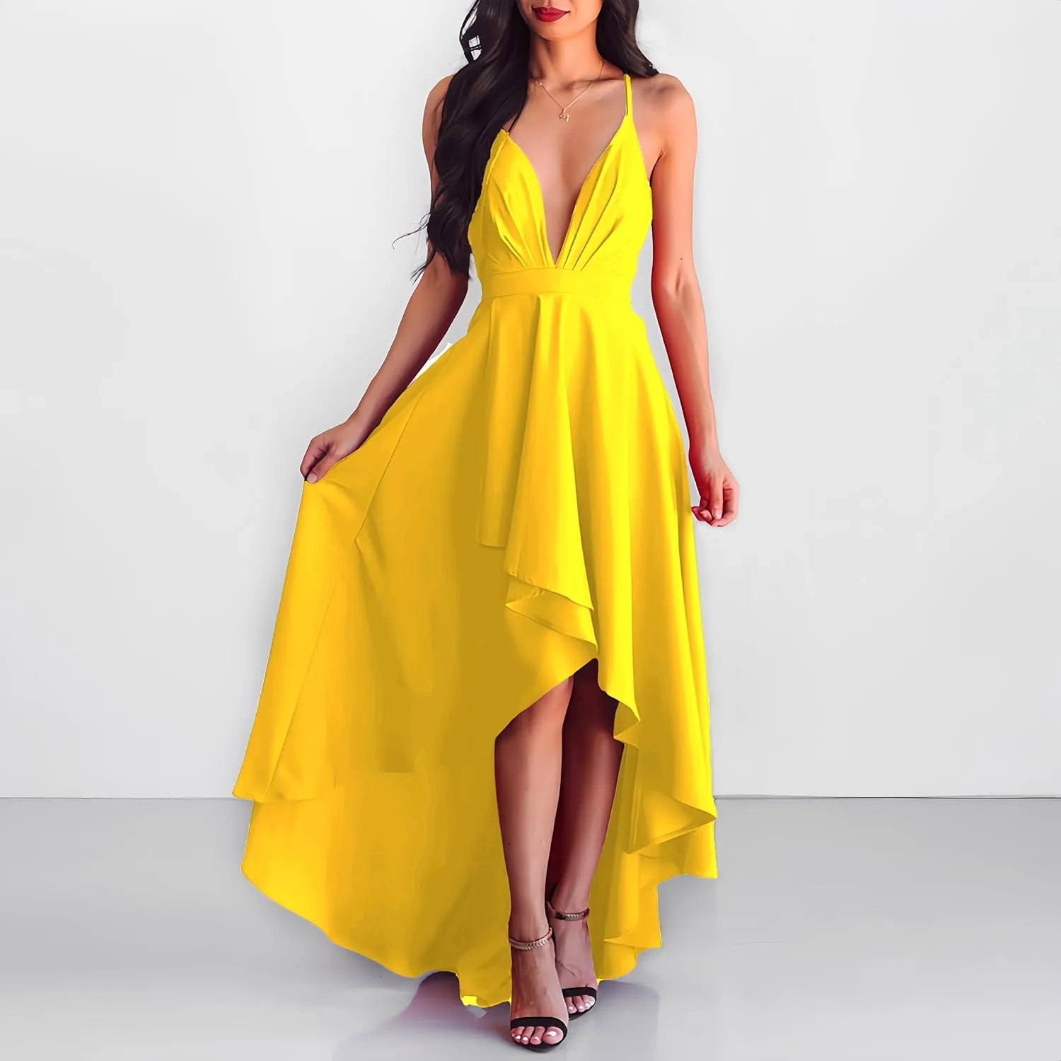 Womens Evening Gowns Deep V-Neck Party Dresses Sleeveless A-line High-Low Formal Cocktail Long Evening Dress