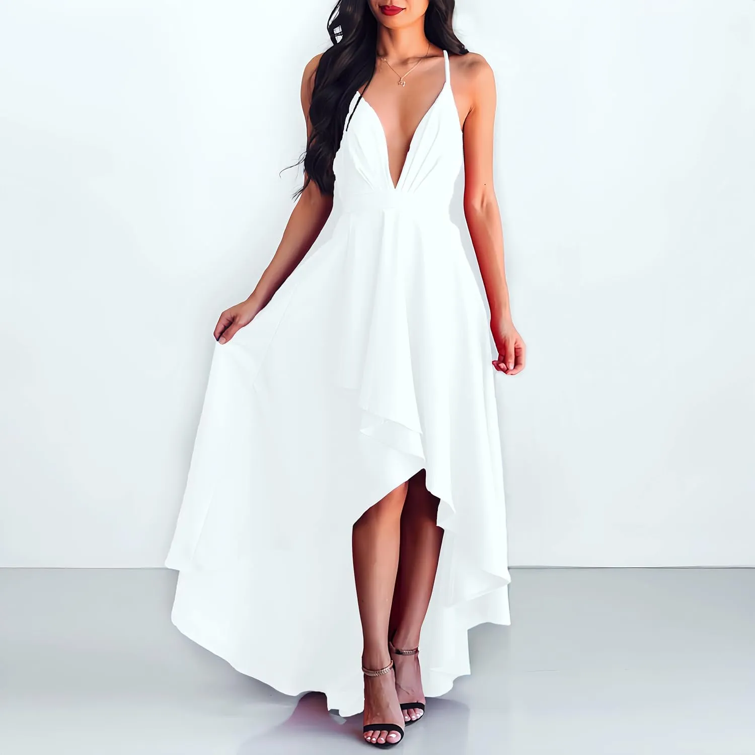 Womens Evening Gowns Deep V-Neck Party Dresses Sleeveless A-line High-Low Formal Cocktail Long Evening Dress