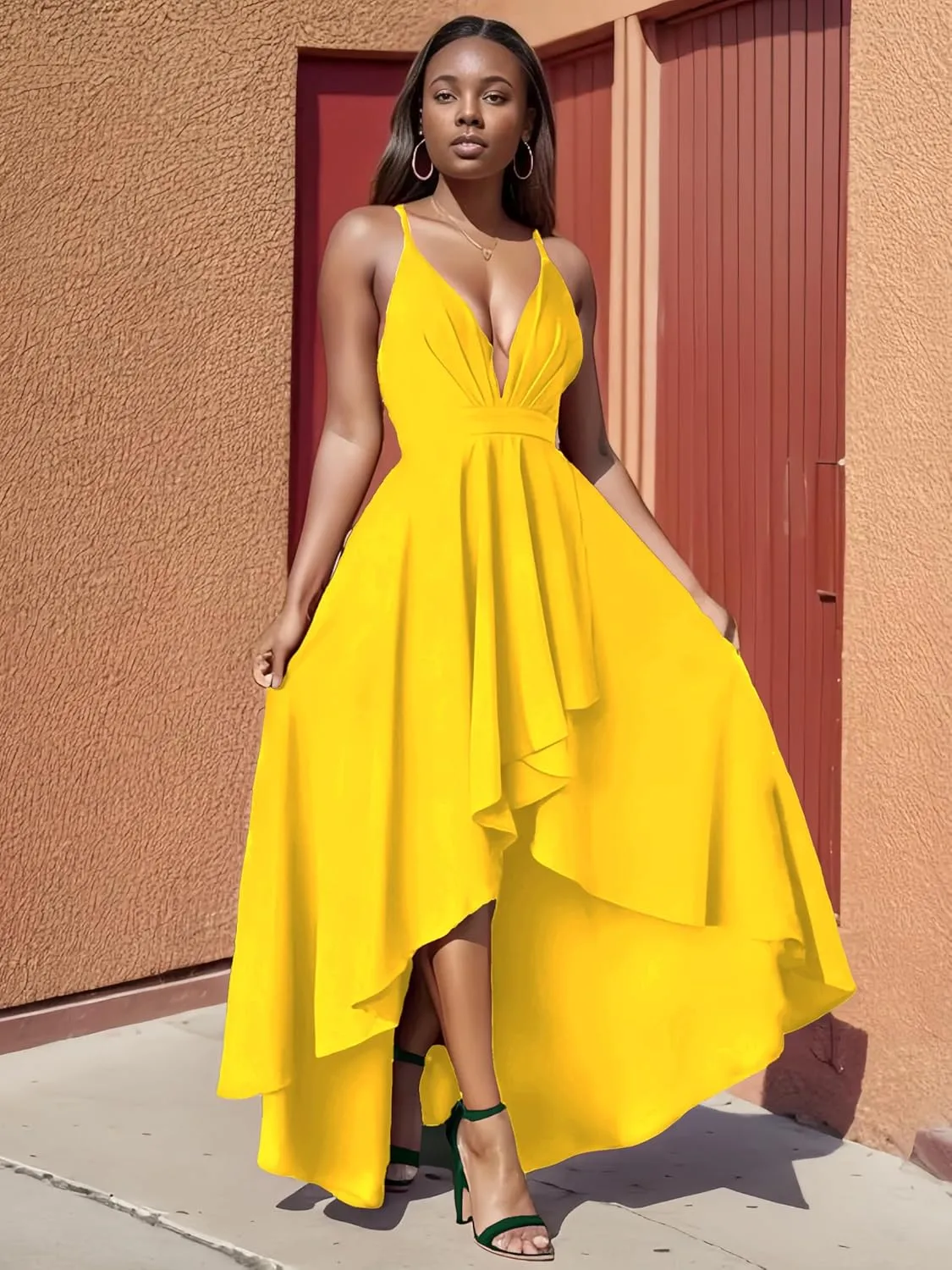 Womens Evening Gowns Deep V-Neck Party Dresses Sleeveless A-line High-Low Formal Cocktail Long Evening Dress