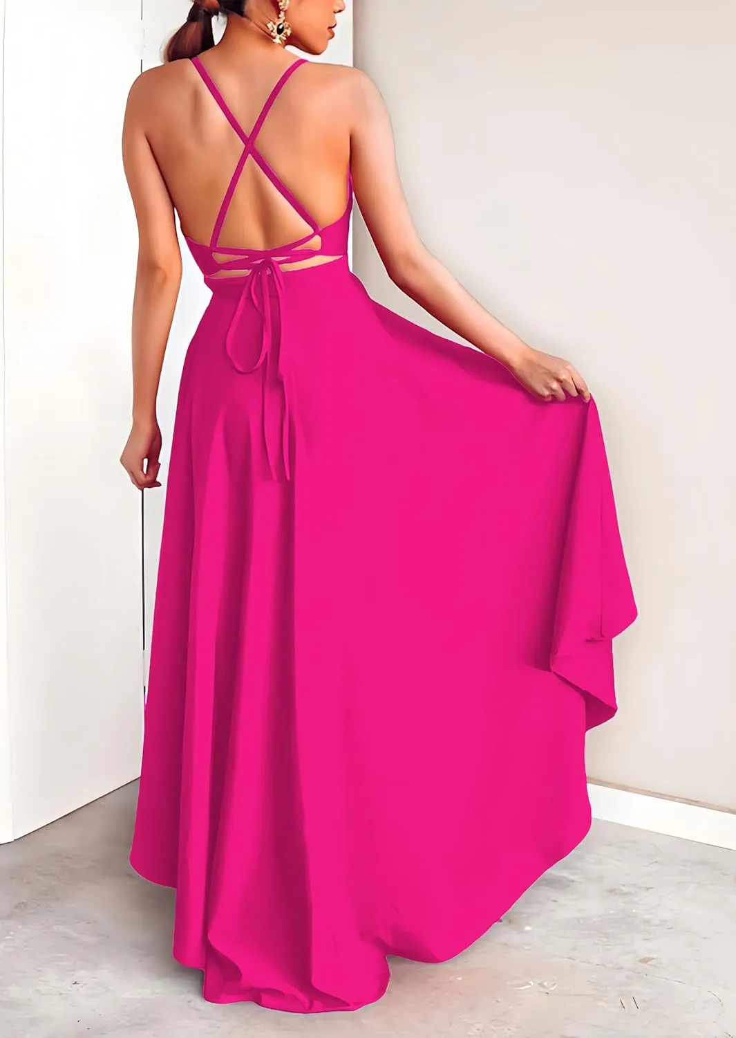 Womens Evening Gowns Deep V-Neck Party Dresses Sleeveless A-line High-Low Formal Cocktail Long Evening Dress