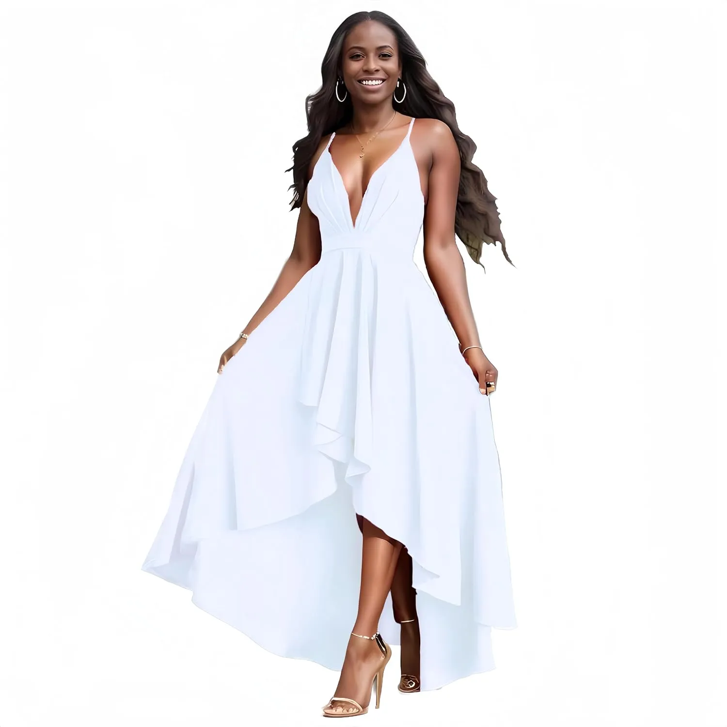 Womens Evening Gowns Deep V-Neck Party Dresses Sleeveless A-line High-Low Formal Cocktail Long Evening Dress