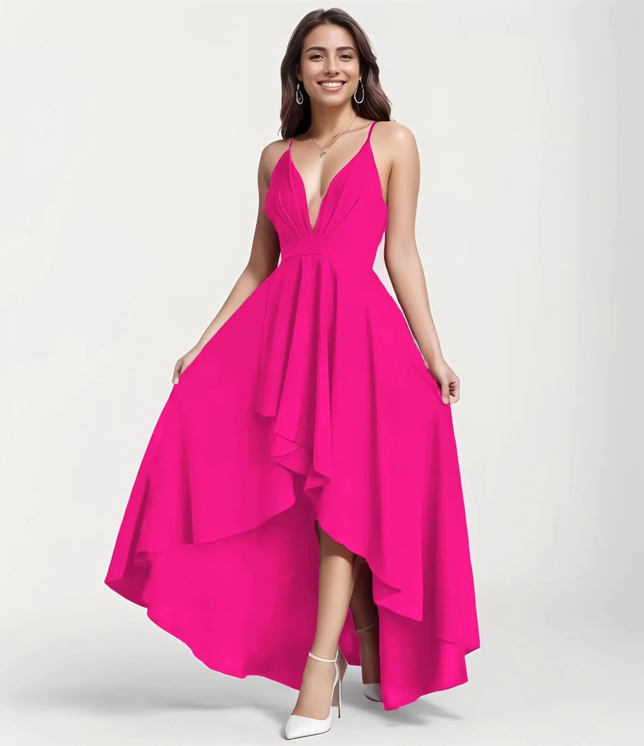 Womens Evening Gowns Deep V-Neck Party Dresses Sleeveless A-line High-Low Formal Cocktail Long Evening Dress
