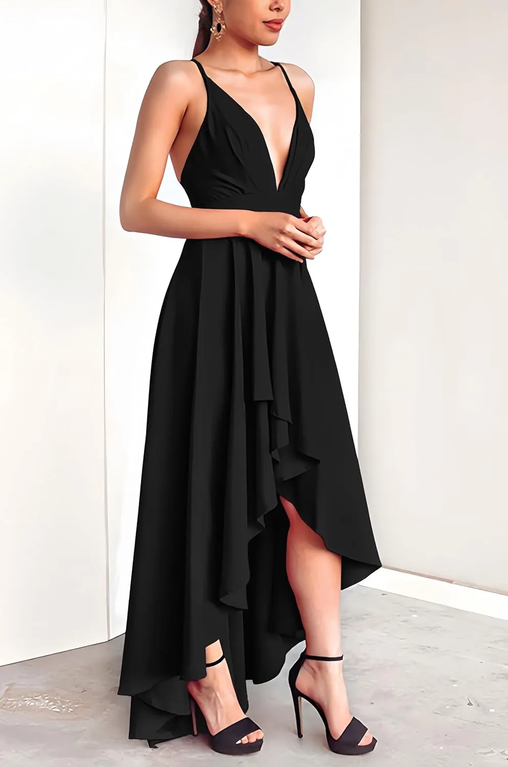 Womens Evening Gowns Deep V-Neck Party Dresses Sleeveless A-line High-Low Formal Cocktail Long Evening Dress