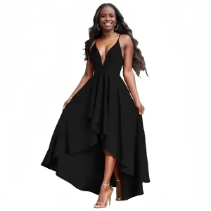 Womens Evening Gowns Deep V-Neck Party Dresses Sleeveless A-line High-Low Formal Cocktail Long Evening Dress