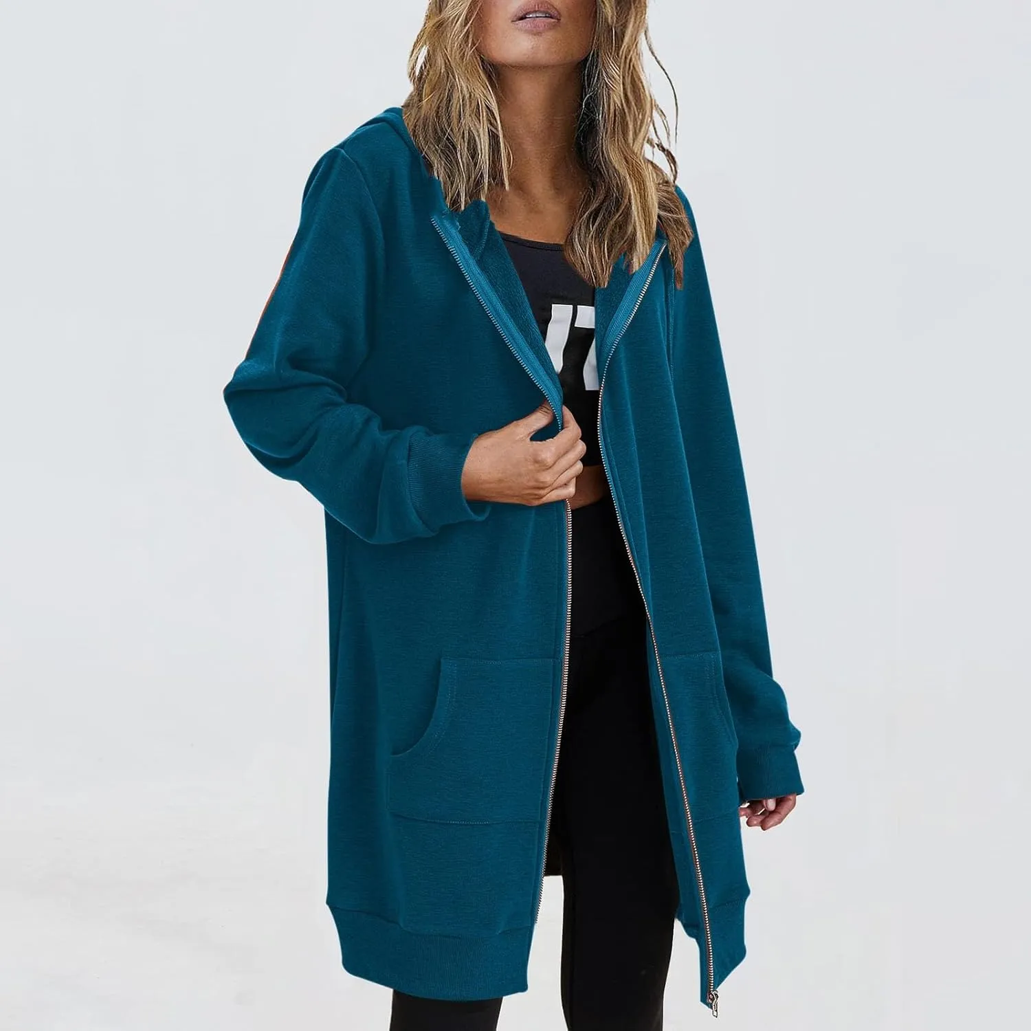 Womens Fall Winter Hoodies Mid Length Zip Up Hooded Long Sleeve Solid Warm Coats Fleece Thick Jackets with Pockets