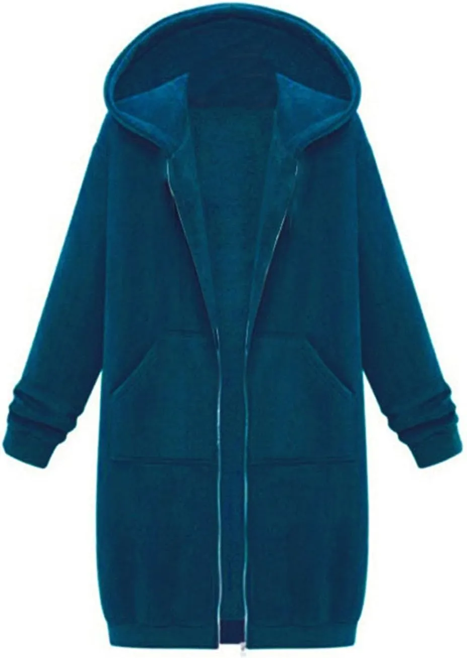 Womens Fall Winter Hoodies Mid Length Zip Up Hooded Long Sleeve Solid Warm Coats Fleece Thick Jackets with Pockets