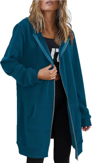 Womens Fall Winter Hoodies Mid Length Zip Up Hooded Long Sleeve Solid Warm Coats Fleece Thick Jackets with Pockets
