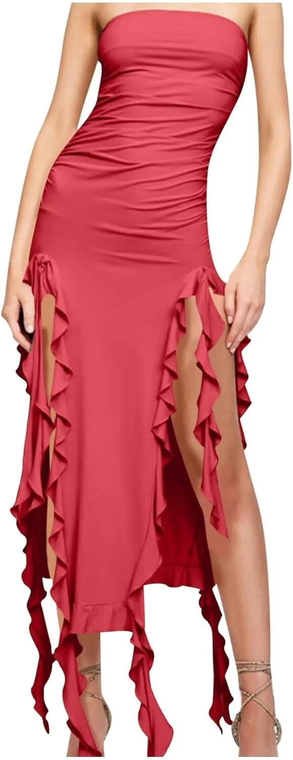 Women's Fashion Dresses Strapless Sexy Wrap Summer Casual Dress Solid Beach Vacation Maxi Bodycon Dresses