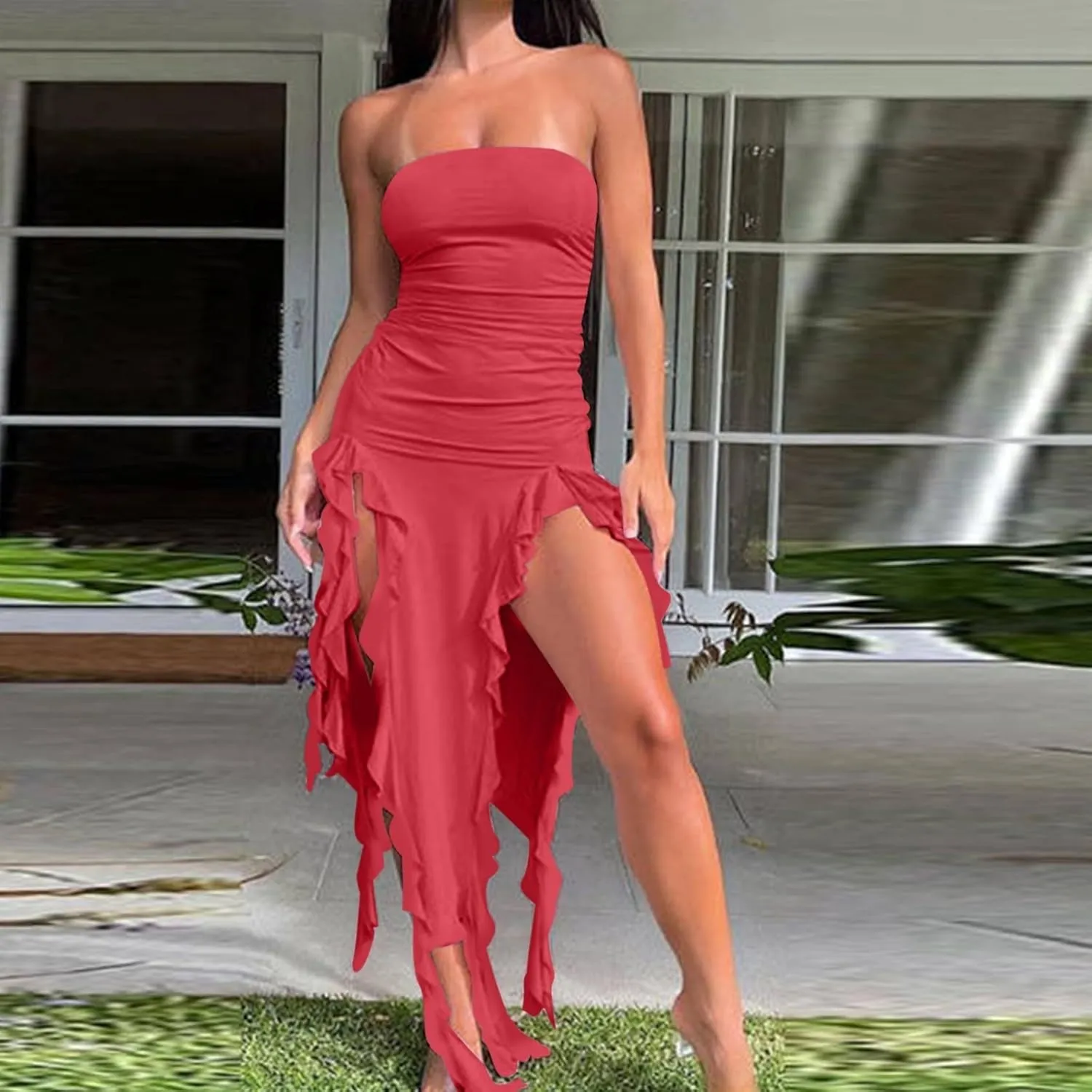 Women's Fashion Dresses Strapless Sexy Wrap Summer Casual Dress Solid Beach Vacation Maxi Bodycon Dresses